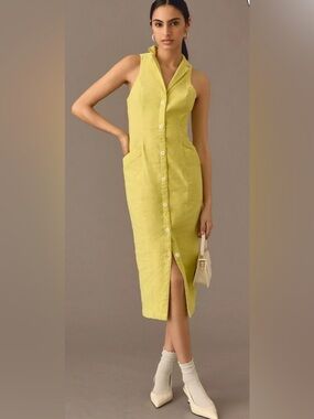 Anthropologie Lime Green Linen Blend Button-Front Sleeveless Midi Dress size 8
